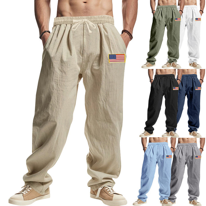 Men's loose-fitting leisure pants in linen look with elastic waist, drawstring & flag patch Mune Fashion