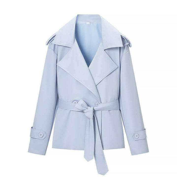 Women's short trench coat jacket with waist belt, wide lapels, and decorative shoulder epaulettes Mune Fashion