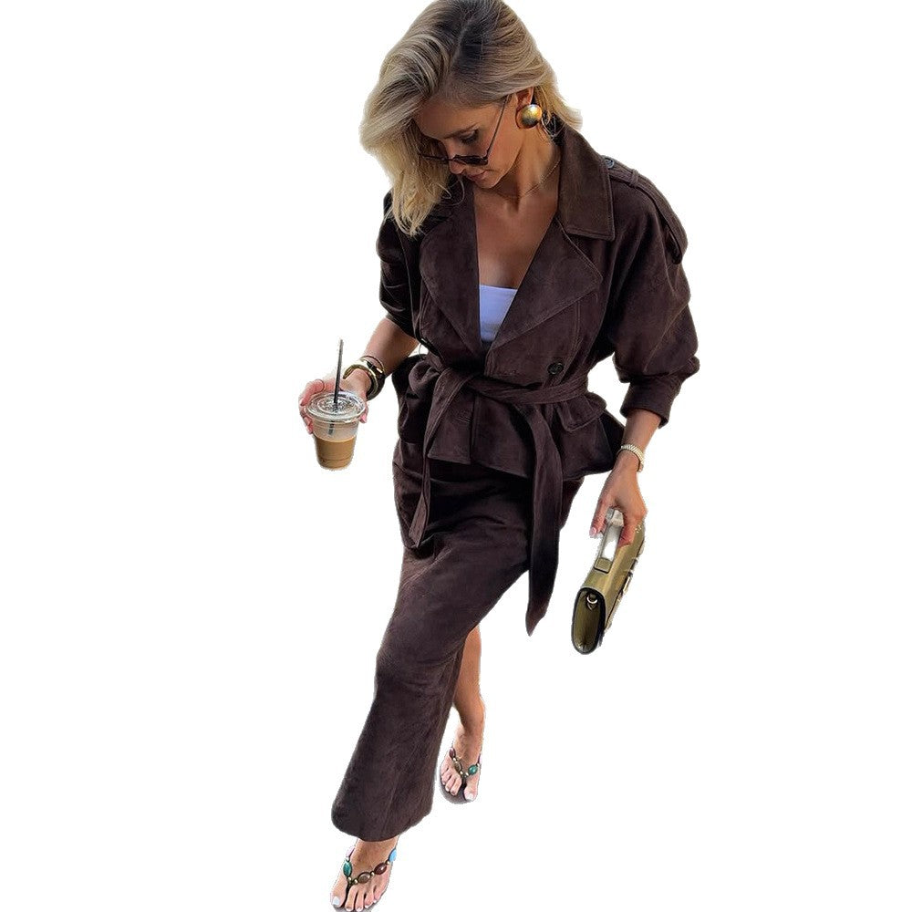 Women Velvet-Suede Trench Coat with Waist Belt and Peplum Silhouette Mune Fashion