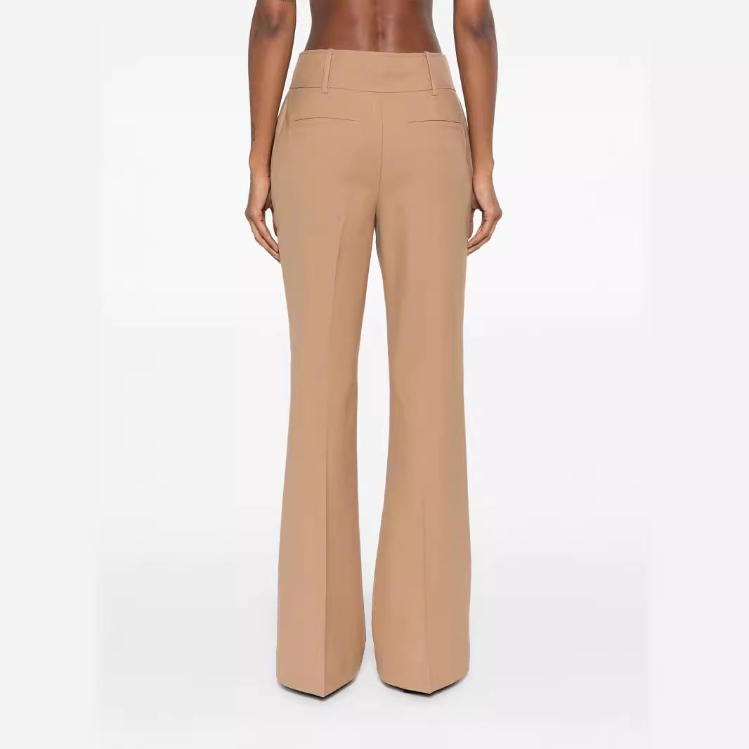 Women High-Waisted Flared Wool Blend Tailoring Pants with Crease Mune Fashion