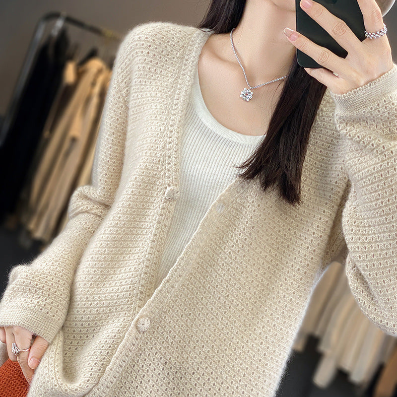 Women's Open Ajour Knit Cardigan with Subtle Plush Finish and Boxy Oversize Silhouette Mune Fashion