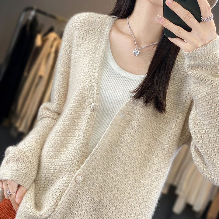Women's Open Ajour Knit Cardigan with Subtle Plush Finish and Boxy Oversize Silhouette Mune Fashion