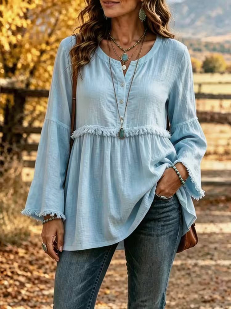 Women's Fringe Tunic Blouse with V-Neck and Bell Sleeves Mune Fashion
