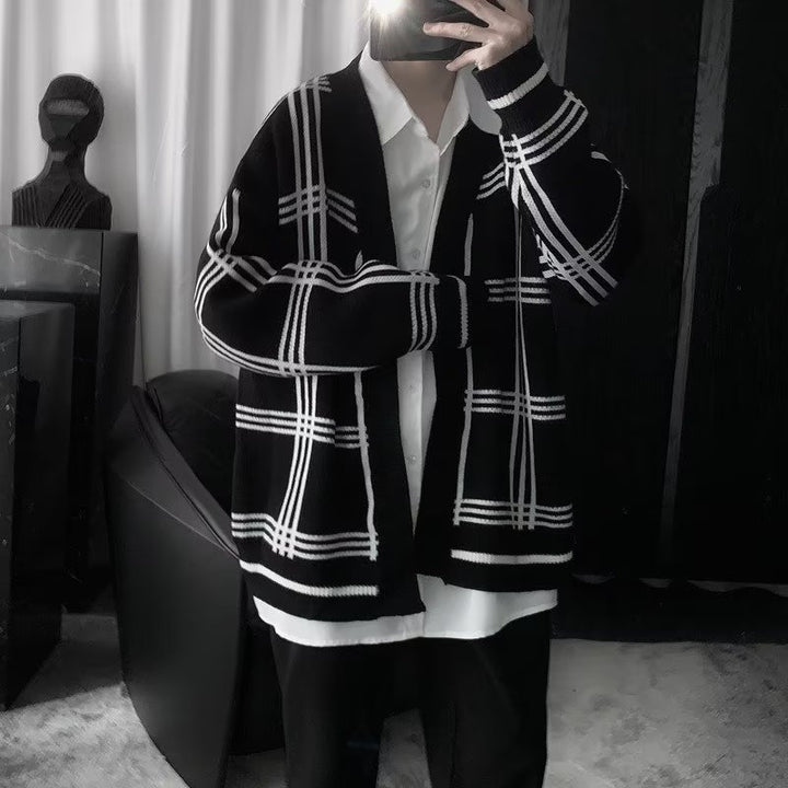 Men's Oversized Knit Cardigan with Check Pattern and Open Front Mune Fashion