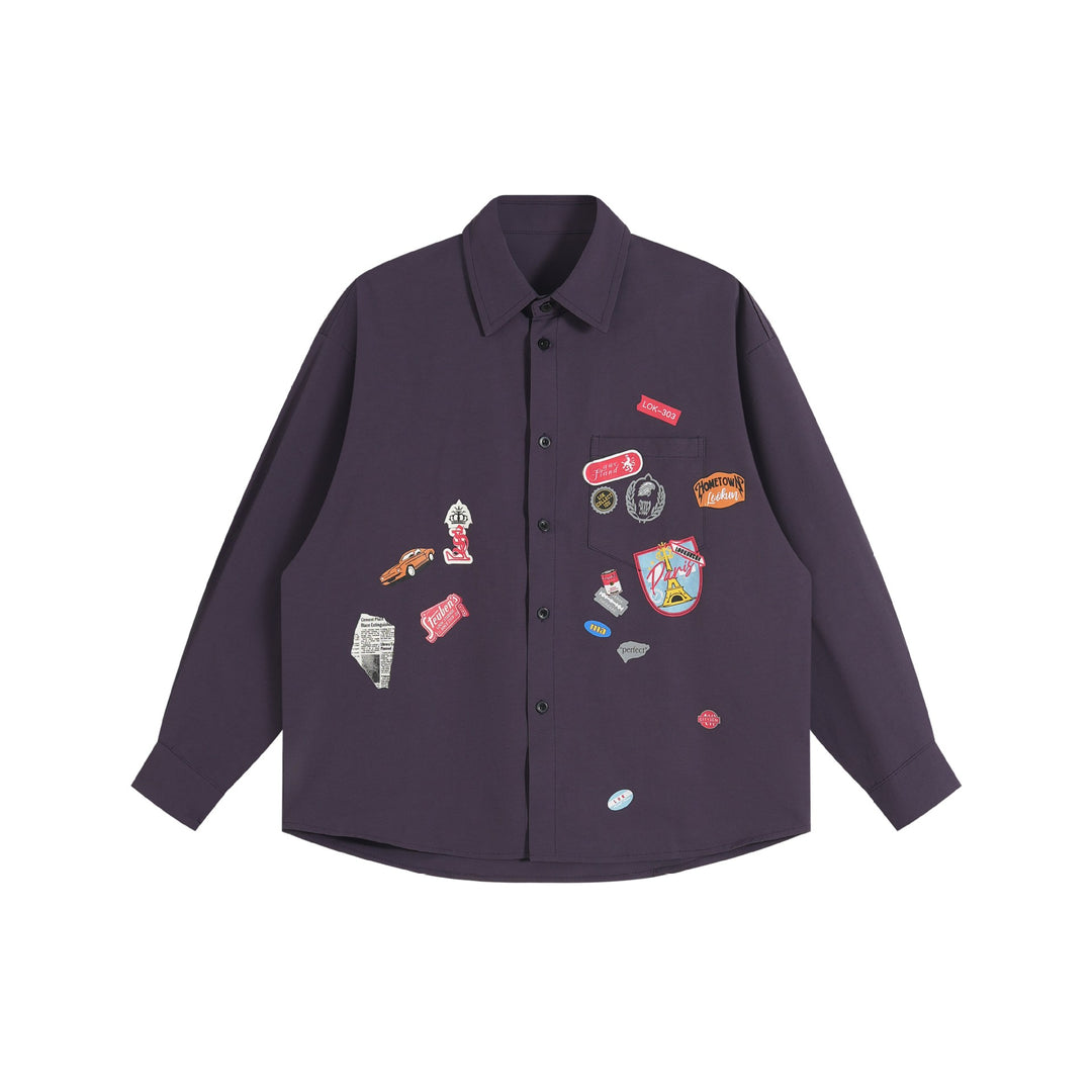 Unisex Loose Button-Down Shirt with vintage-inspired emblem patches and pocket Mune Fashion