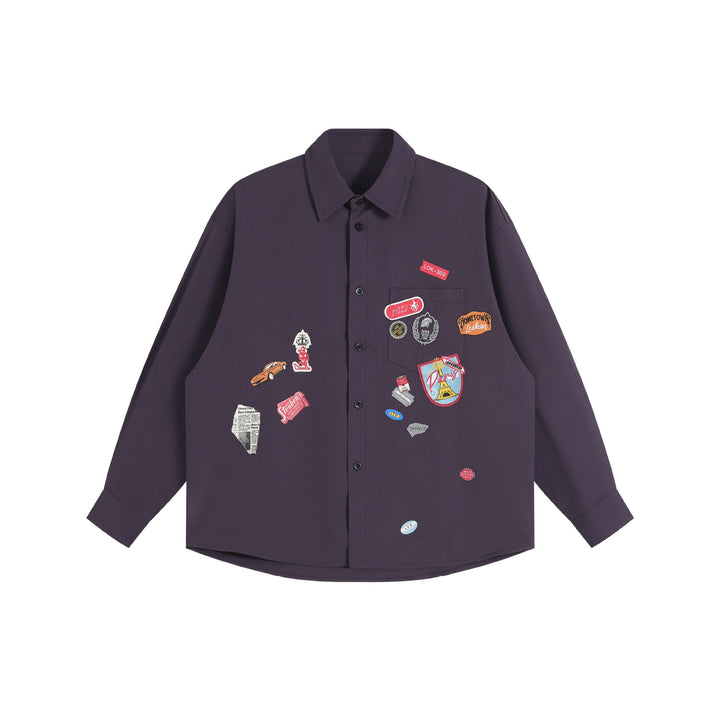 Unisex Loose Button-Down Shirt with vintage-inspired emblem patches and pocket Mune Fashion