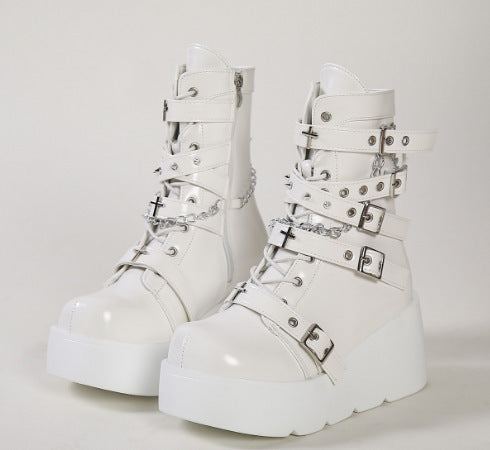 Women's Plateau Biker Ankle Boots with Wide Wedge Sole, Buckles, Chains and Cross Appliqués Mune Fashion