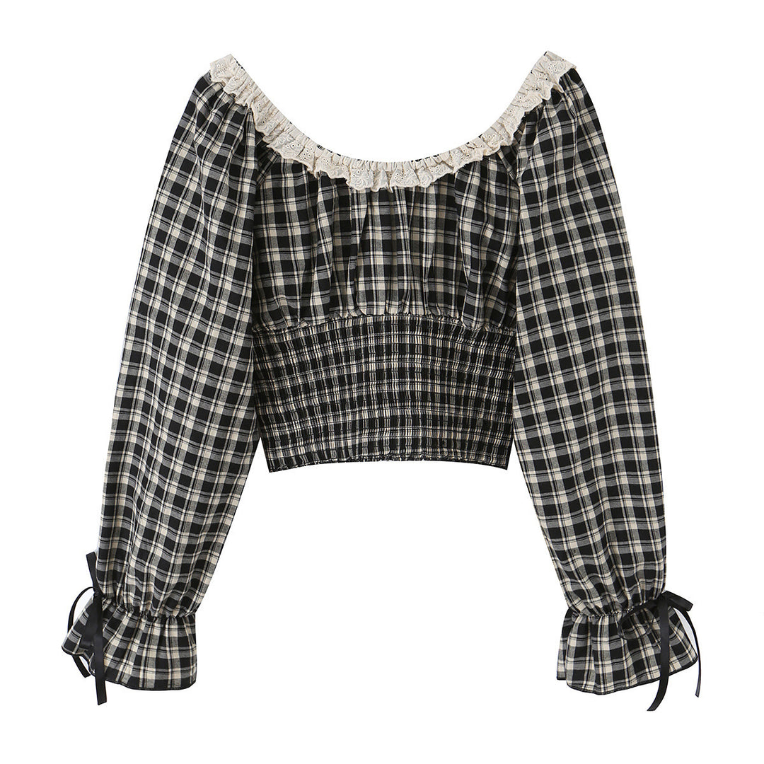 Women's Off-Shoulder Checkered Cropped Top with Lace, Ruffled Waist and Ties