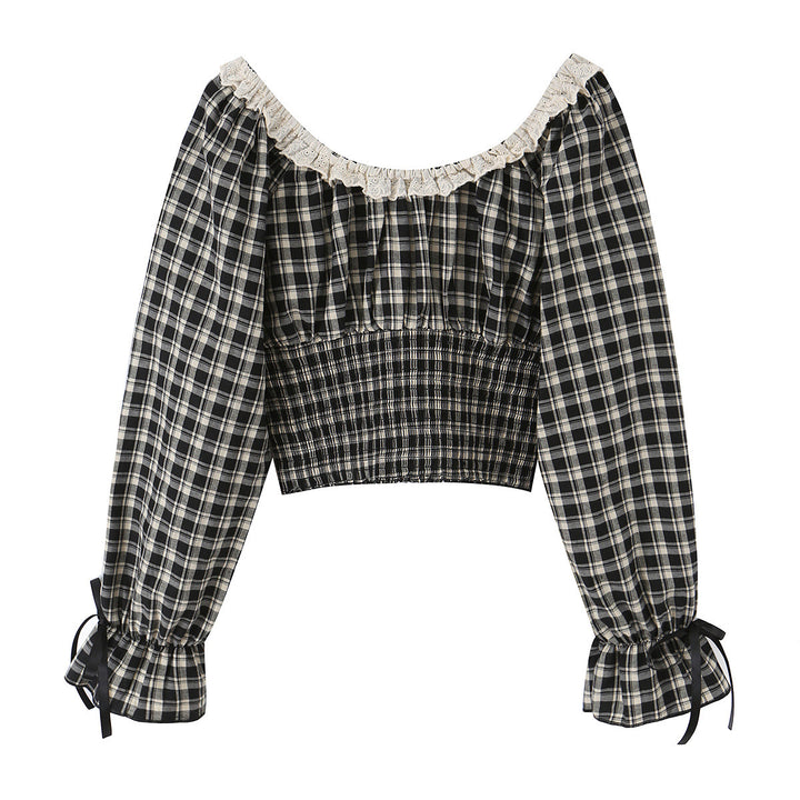 Women's Off-Shoulder Checkered Cropped Top with Lace, Ruffled Waist and Ties