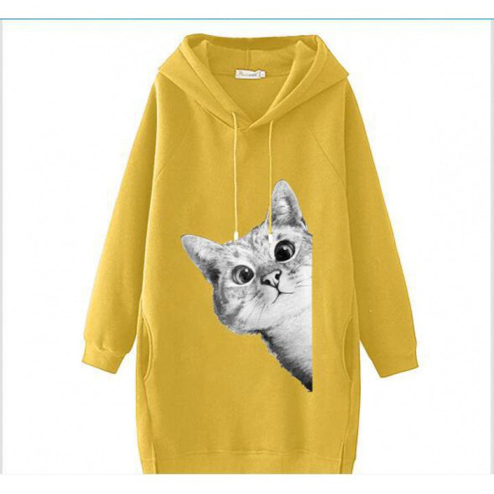 Ladies Oversize Hooded Dress made of Sweat Fabric with Large Cat Print and Side Pockets Mune Fashion