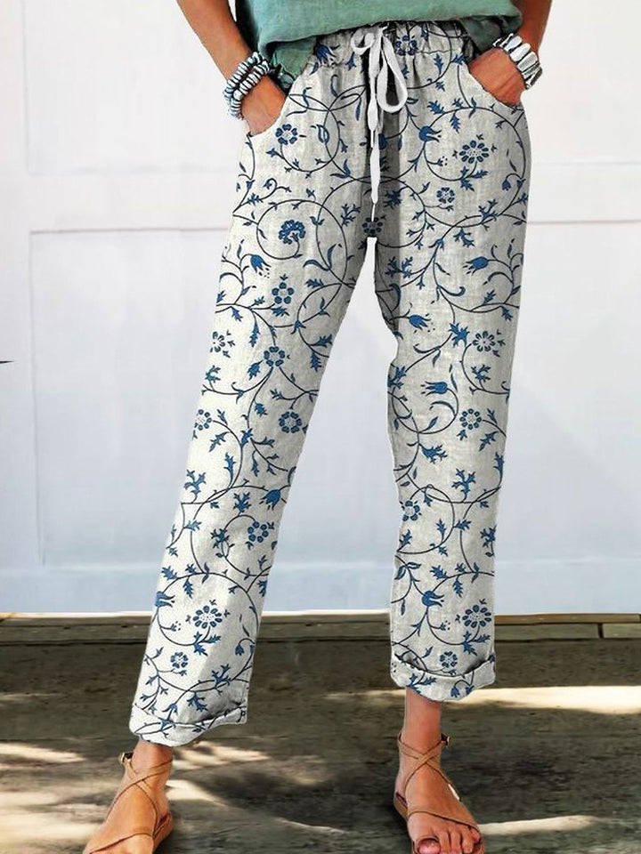 Women Linen Look Pants with Floral Print, Wide Leg and Drawstring Mune Fashion