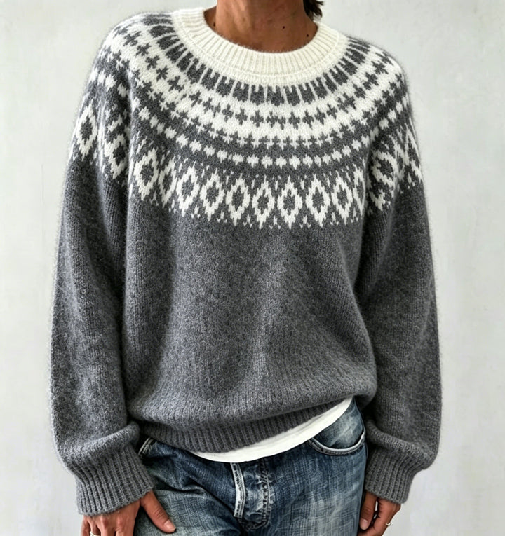 Women Round Neck Norwegian Sweater with Fair Isle Jacquard Mune Fashion