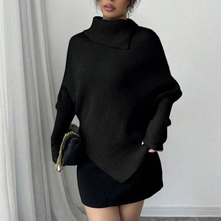 Women's Asymmetrical Rib Knit Poncho with High Roll Neck and Extended Sleeves Mune Fashion