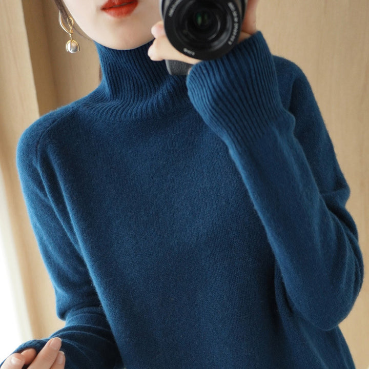 Women's Luxury Fine Knit Turtleneck Sweater with Thumbhole Cuffs and Feminine Shoulder Yoke Mune Fashion
