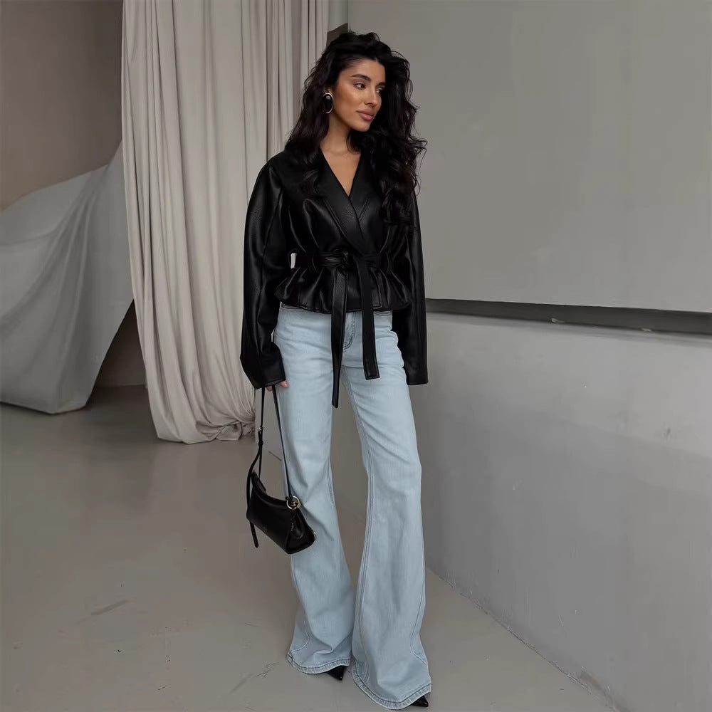 Women's Tailored Faux Leather Jacket with Peplum, Belt & Shawl Collar Mune Fashion