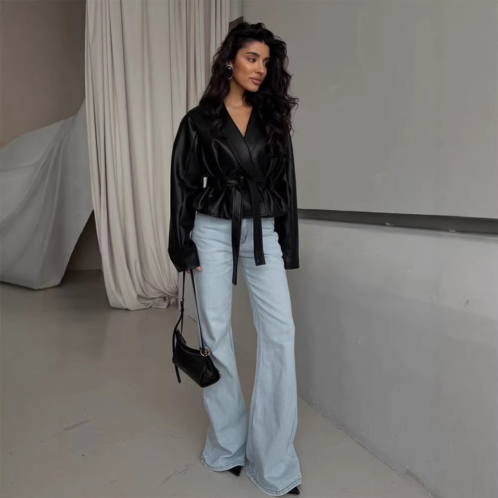 Women's Tailored Faux Leather Jacket with Peplum, Belt & Shawl Collar Mune Fashion