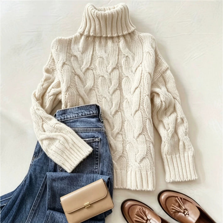 Women's chunky knit turtleneck sweater with distinctive cable patterns and ribbed cuffs Mune Fashion