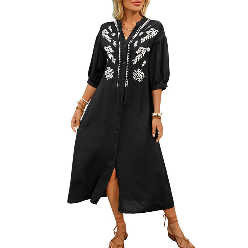 Women's Embroidered Shirt Dress A-Line with Button Placket and 3/4 Balloon Sleeves Mune Fashion