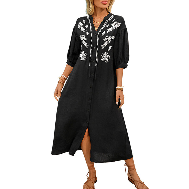 Women's Embroidered Shirt Dress A-Line with Button Placket and 3/4 Balloon Sleeves Mune Fashion