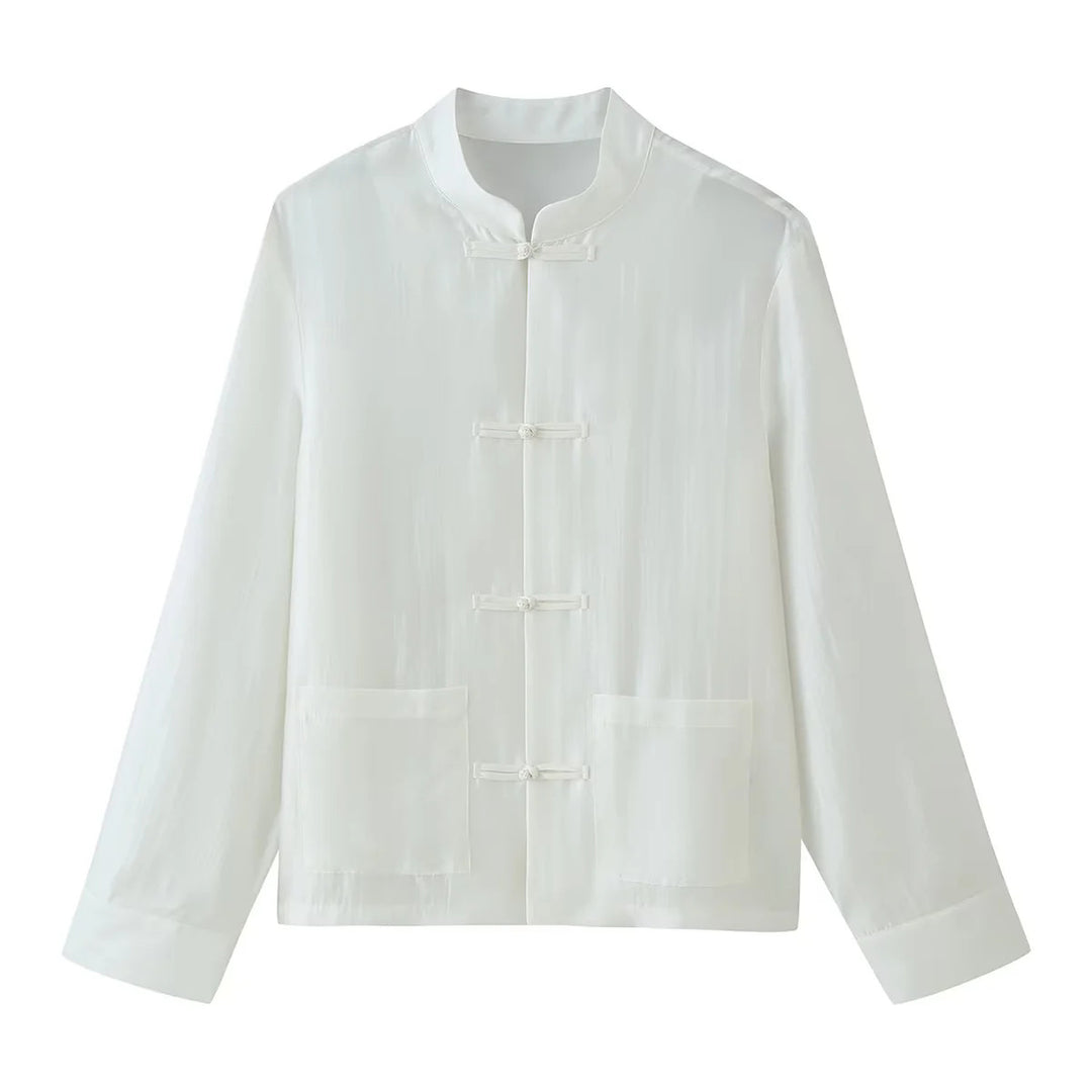 Men's lightweight mandarin jacket with stand-up collar, knot closures, and patch pockets Mune Fashion