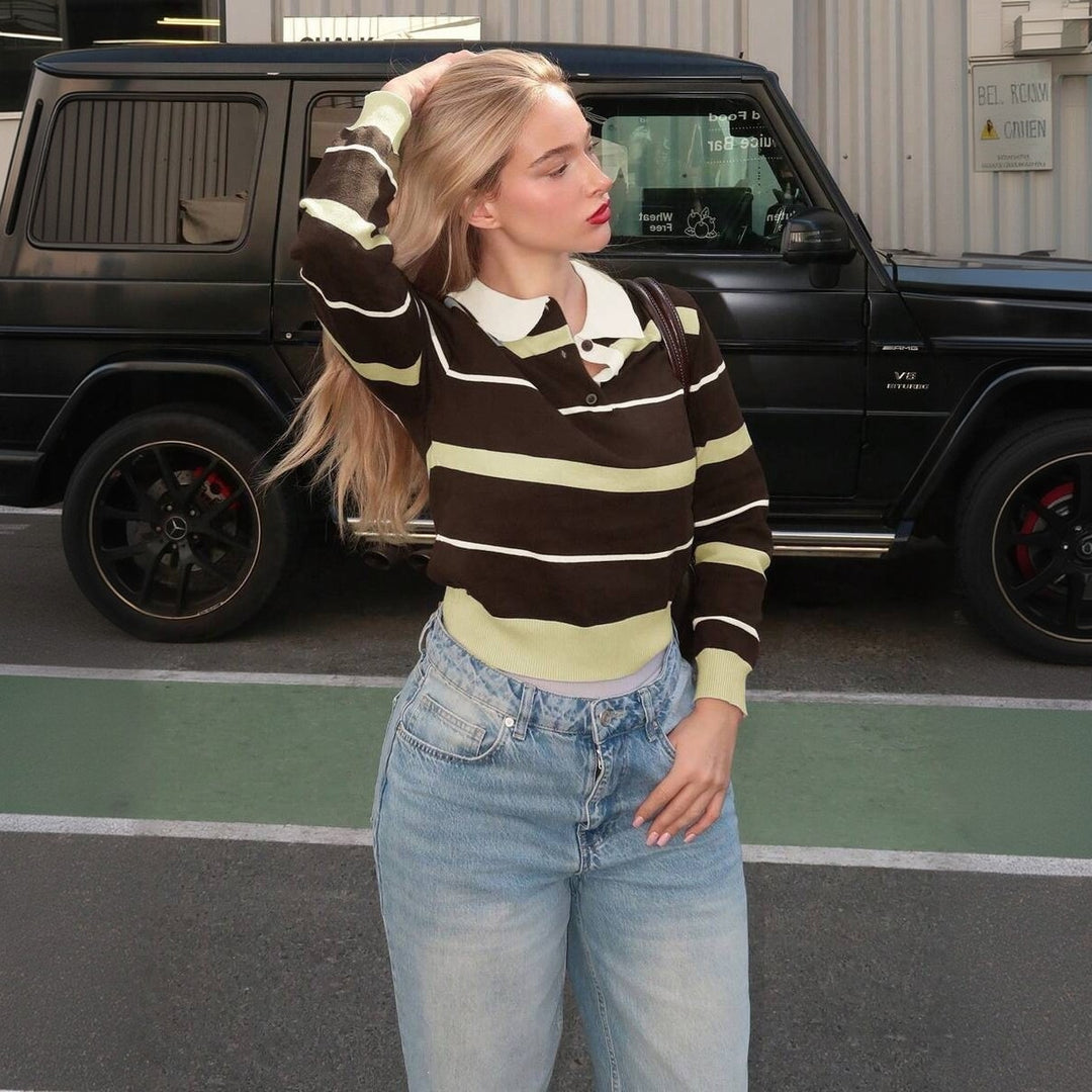 Women's Striped Rugby Sweater with Polo Collar and Ribbed Cuffs Mune Fashion