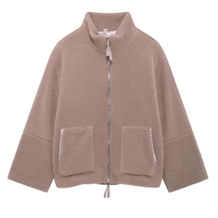 Women's Boxy Teddy Fleece Jacket with Stand-Up Collar, Two-Way Zipper and Patch Pockets Mune Fashion