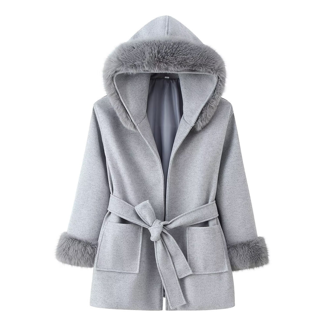 Women's Hooded Wool Blend Coat with Tie Belt and Faux Fur Trim Mune Fashion