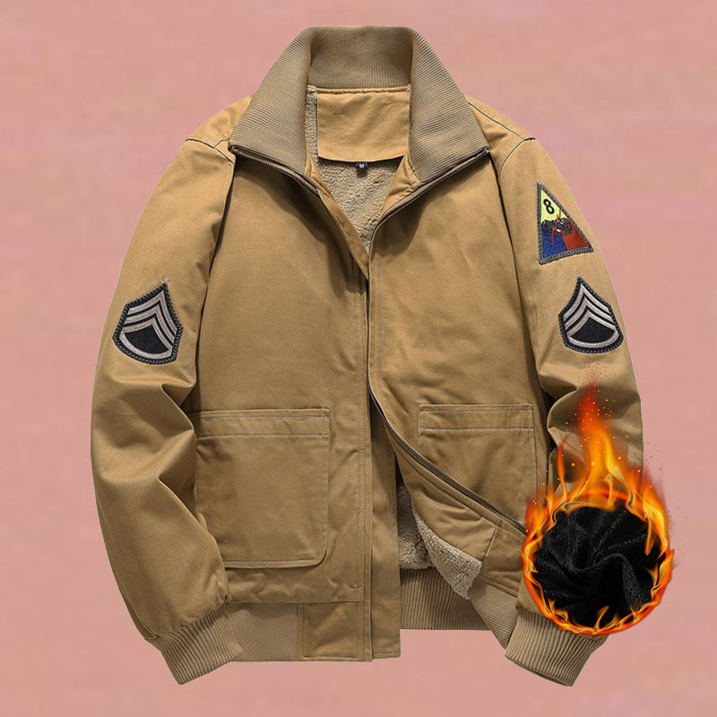 Men's military-inspired bomber jacket with applied patches, concealed zipper, and elastic cuffs.