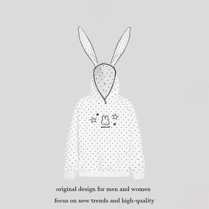 Women's Oversized Hoodie with Bunny Ears, Polka Dot Allover and Kangaroo Pocket