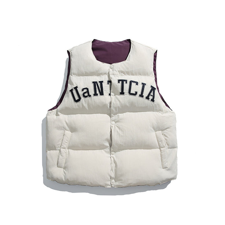 Unisex Padded Quilted Vest in Boxy Cut with Snap Button Closure and College Logo Print Mune Fashion