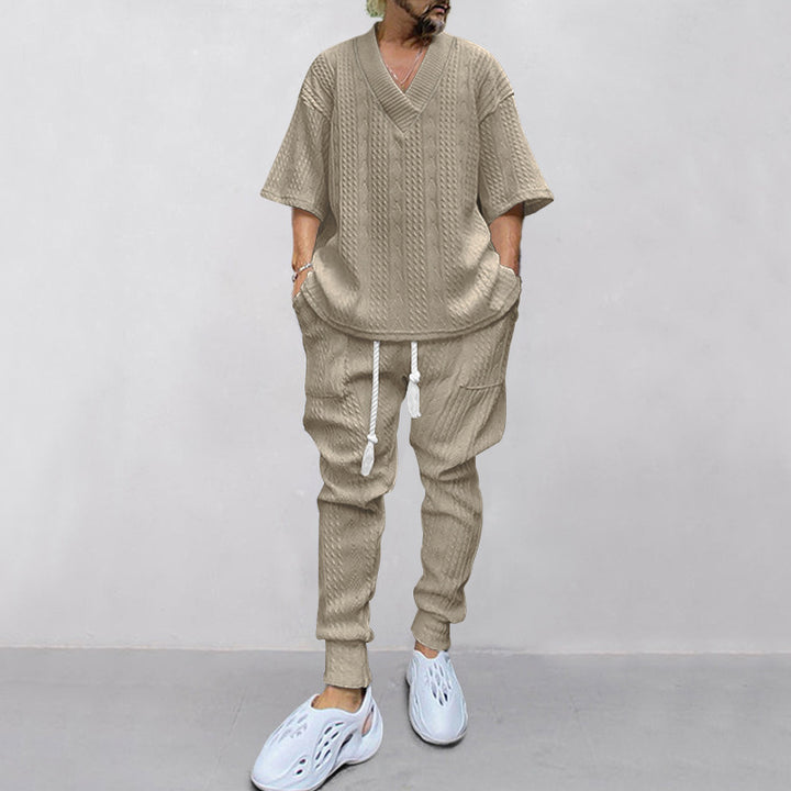 Men's casual knit set with V-neck and drawstring jogger pants Mune Fashion