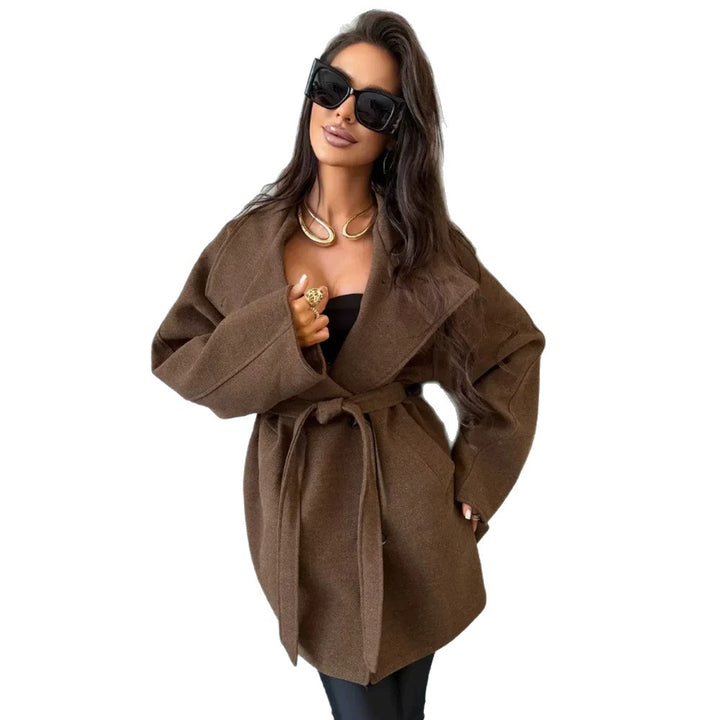 Women's short coat in cocoon cut made of wool blend with oversized shawl collar and tie belt Mune Fashion
