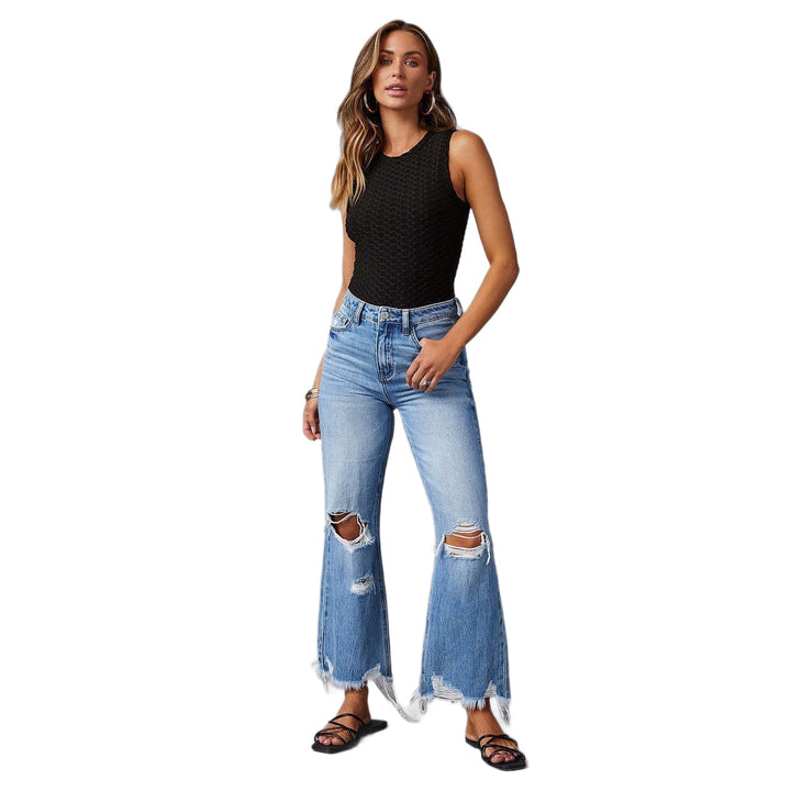 Women's high-waisted flared Destroyed Jeans with knee fraying and raw hem Mune Fashion