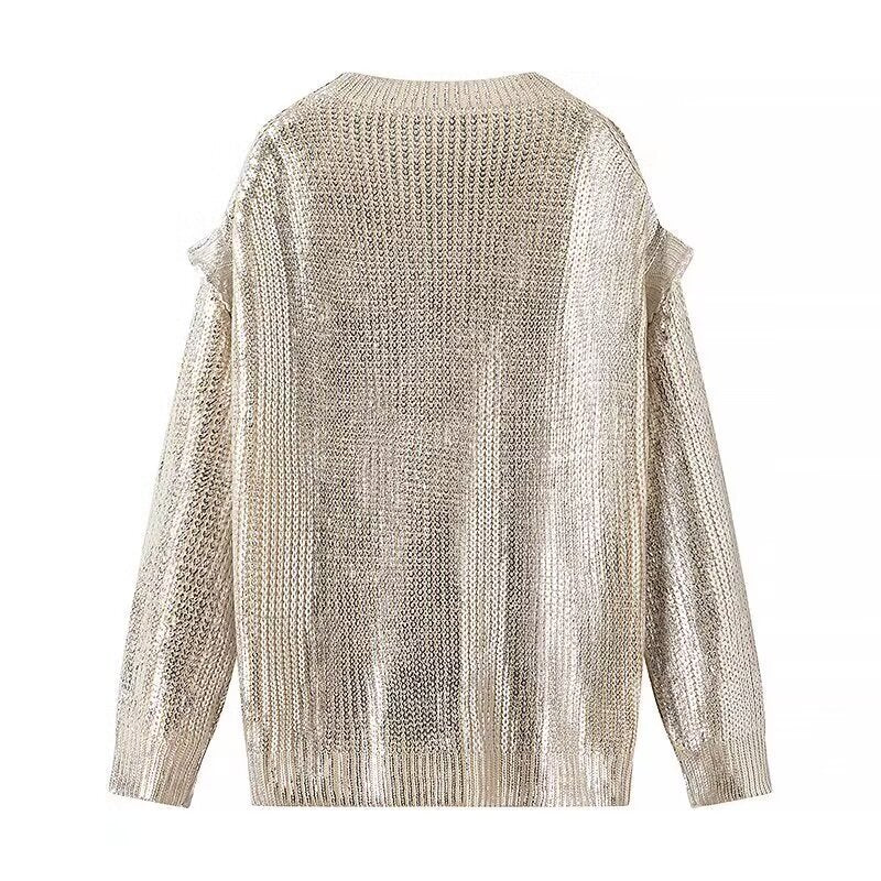 Women's Oversized Knit Sweater with Cut-Out Shoulders and Metallic Shine Mune Fashion