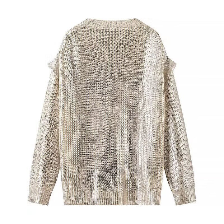 Women's Oversized Knit Sweater with Cut-Out Shoulders and Metallic Shine Mune Fashion
