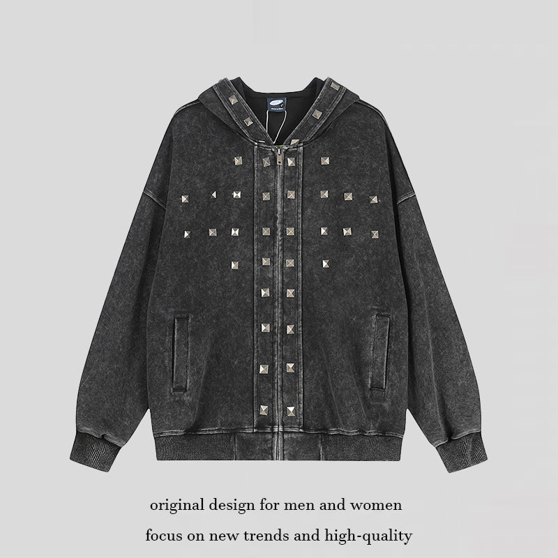 Women Oversize Zip Hoodie with Vintage Wash and Pyramid Studs Mune Fashion
