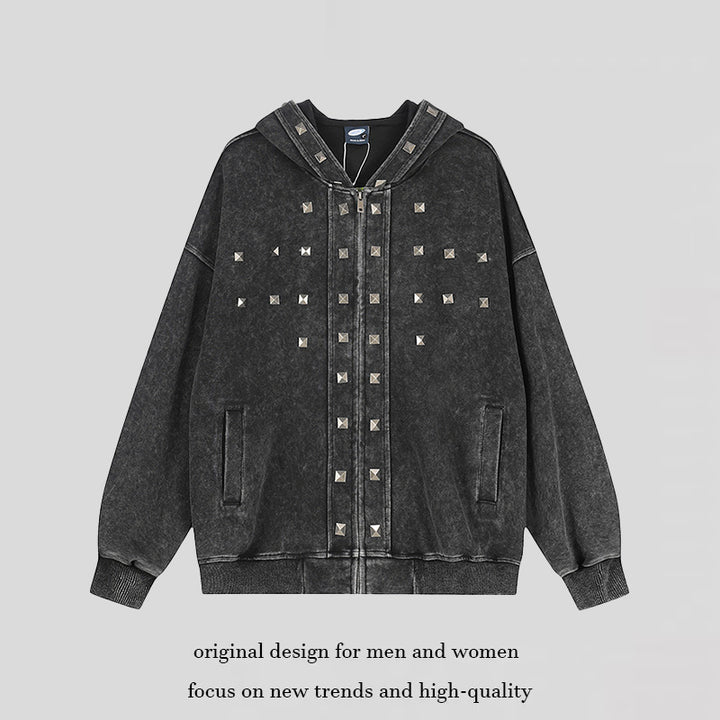 Women Oversize Zip Hoodie with Vintage Wash and Pyramid Studs Mune Fashion