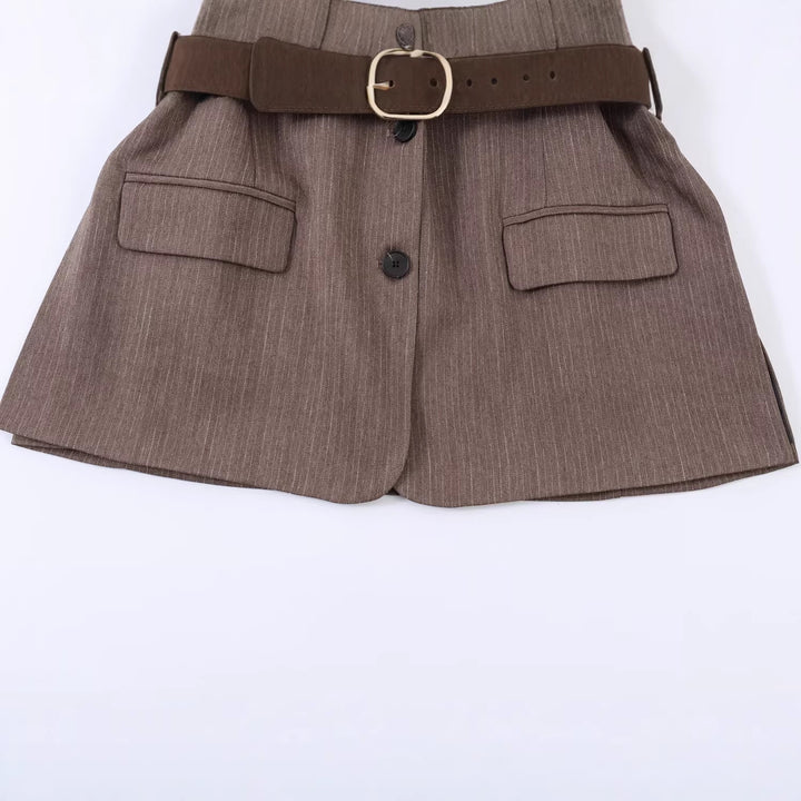 Women Tailored Single-breasted Blazer with Belt and Tonal Pinstripe Mune Fashion