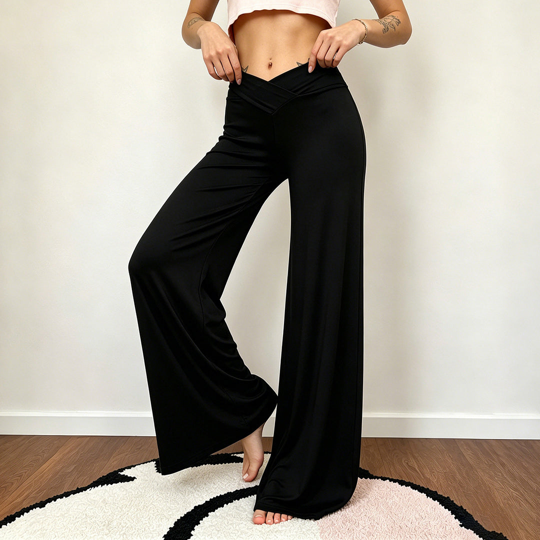 Women wide Palazzo pants with V-shaped waistband seam and elastic stretch jersey Mune Fashion
