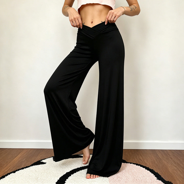 Women wide Palazzo pants with V-shaped waistband seam and elastic stretch jersey Mune Fashion