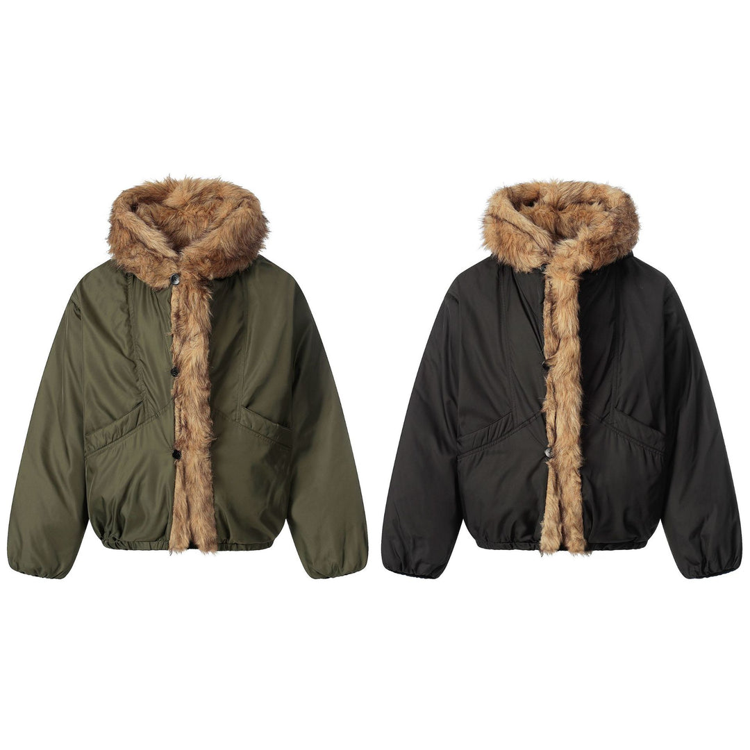 Ladies short jacket with faux fur trimmed hood and braided fur trim Mune Fashion