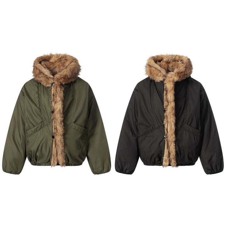 Ladies short jacket with faux fur trimmed hood and braided fur trim Mune Fashion