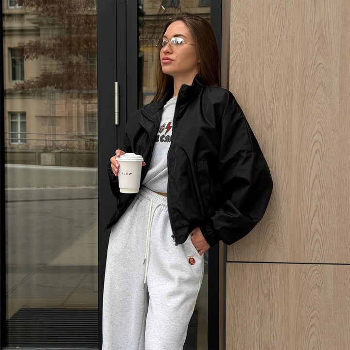 Women's Oversized Cropped Bomber Jacket with Stand Collar and Zipper
