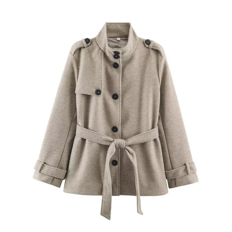 Women Short fitted coat with stand-up collar, shoulder straps and tie belt Mune Fashion