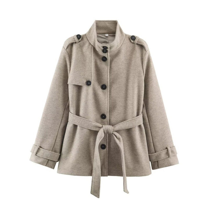 Women Short fitted coat with stand-up collar, shoulder straps and tie belt Mune Fashion