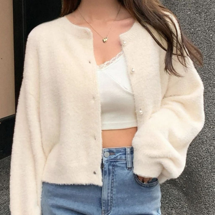Women's Short Cut Fluffy Knit Cardigan with Pearl Buttons Mune Fashion