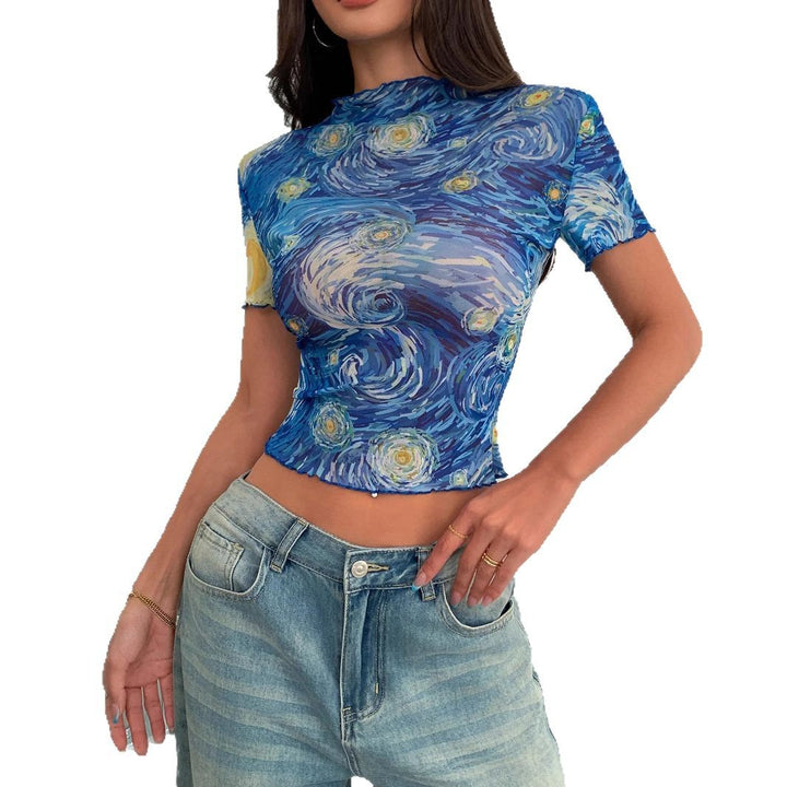 Women's figure-hugging cropped top with artistic swirl print, stand-up collar and ruffled hem Mune Fashion