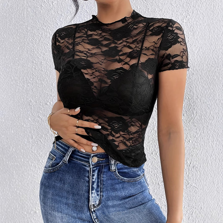 Women nan short lace top with floral openwork lace, stand-up collar and integrated bustier Mune Fashion