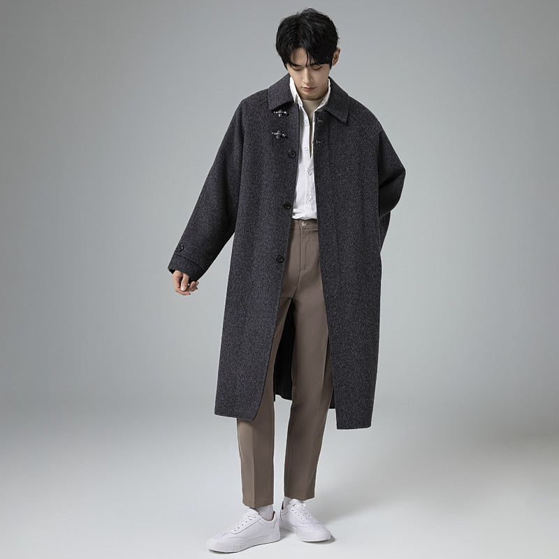 Men's Structured Maxi-Length Wool Blend Overcoat with Straight Cut and Decorative Toggle Closures Mune Fashion
