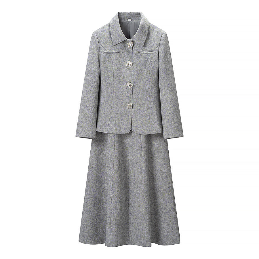 Women Elegant two-piece wool blend suit with tailored short blazer and flared midi skirt Mune Fashion